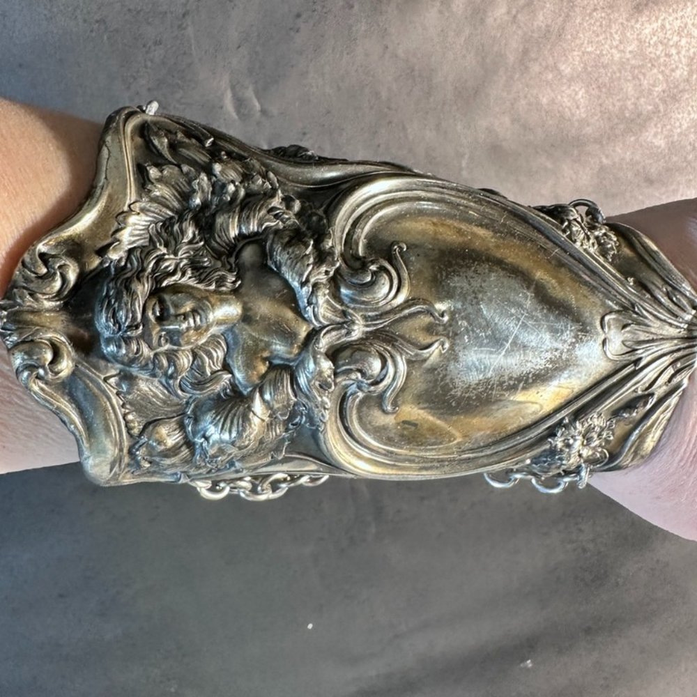 Antique Art Nouveau Wide Cuff Goddess Bracelet Bracer Alphonse Mucha Lady Face